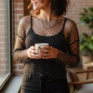 Bear Dance Chainmail Rhinestone Top Sz M Black Long Sleeve Stretch Party Rave